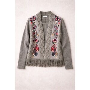 Anthropologie Sleeping On Snow Folklore Embroidered Fringe Cardigan Gray